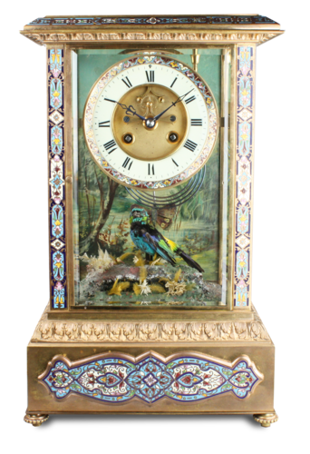 Rare antique gilt metal and champleve enamel timepiece-actuated singing bird, by Bontems