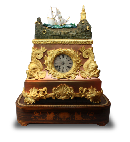 Monumental Antique bronze, ormolu and polished copper on bronze rocking ship automaton clock