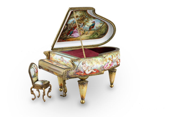 A large vintage Viennese enamel and gilt metal musical grand piano with chair