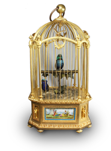 Museum-standard ormolu-bronze and Sevres-plaques double singing birds-in-cage, by Bontems