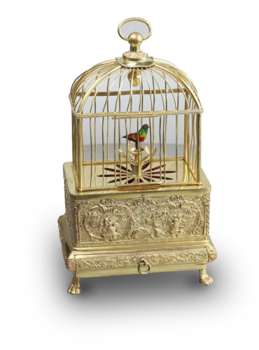 Vintage miniature gilt brass singing bird in cage, by Eschle