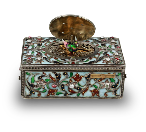 Silver and cloisonne enamel, garnet, pearl and aquamarine-set singing bird box