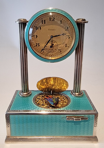 Vintage silver-gilt, guilloche turquoise enamel and pictorial enamel timepiece alarm-actuated singing bird box, by C. A. Marguerat