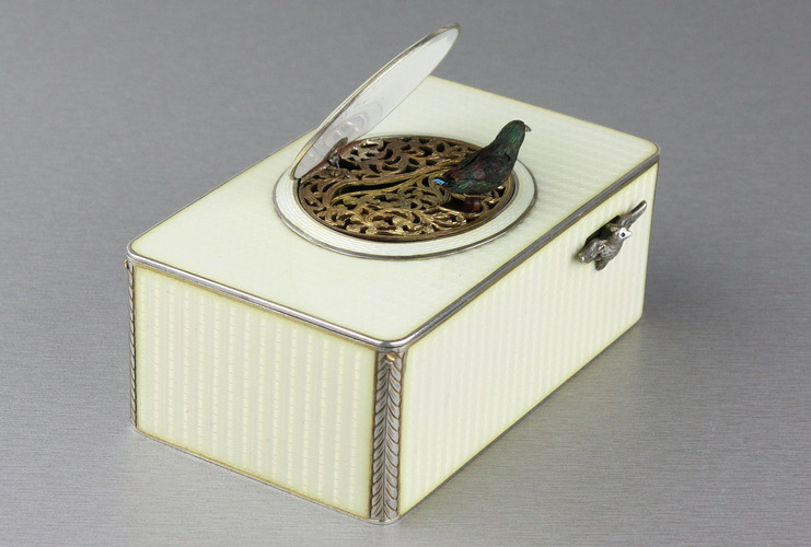  Silver and full cream guilloche enamel singing bird box