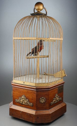 Single large Antique coin-operated bird-in-cage, by Phallibois,