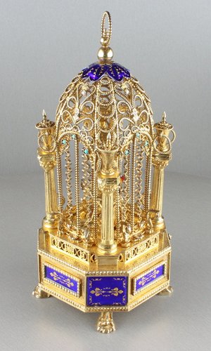 Miniature silver gilt, enamel, mother-of-pearl and turquoise mounted singing bird-in-cage, by Karl Griesbaum