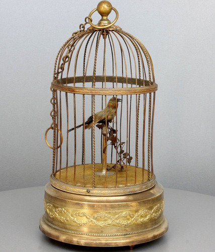 Antique small single singing bird-in-cage, by Bontems