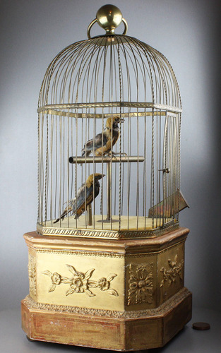 Antique coin-operated large double singing birds-in-cage, by Bontems