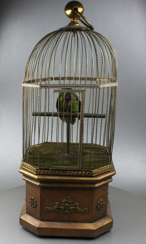 Antique large single singing bird in cage, by Bontems