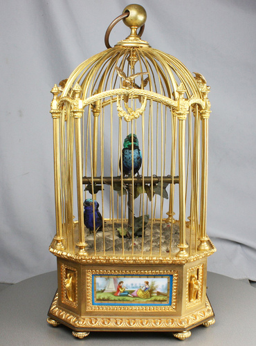 Museum-standard ormolu-bronze and Sevres-plaques double singing birds-in-cage, by Bontems