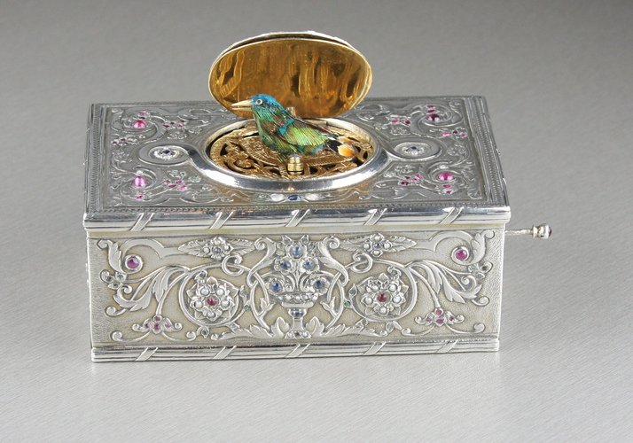 Antique Silver, Pearl, Garnet and Aquamarine transparently-mounted set singing bird box, by Raymy