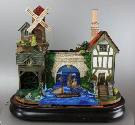 A complex windmill, watermill, dual locomotive and rocking ship musical automaton