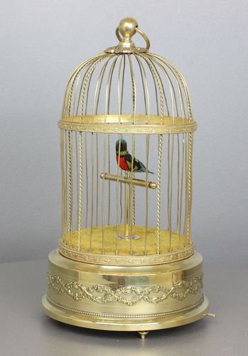 Vintage circular single singing bird-in-cage, by Bontems