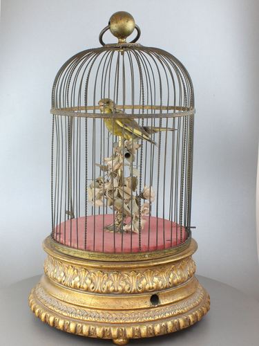 Antique large single singing bird-in-cage, by Jean Phalibois