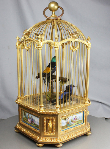 Museum-standard ormolu-bronze and Sevres-plaques double singing birds-in-cage, by Bontems