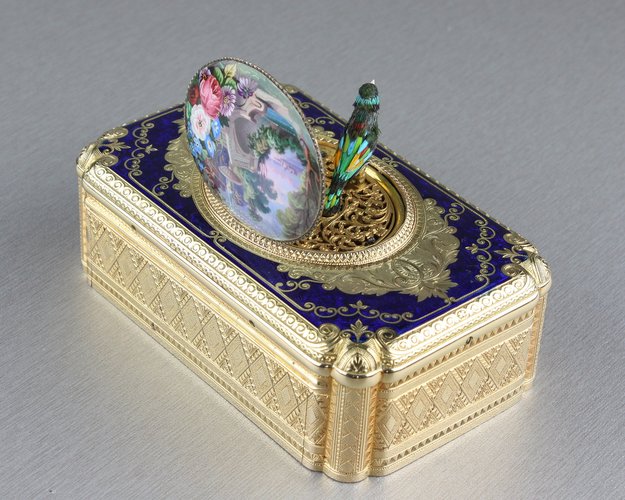 An exceptional exhibition gold, enamel and pictorial enamel Fusee singing bird box, by Jacques Bruguier