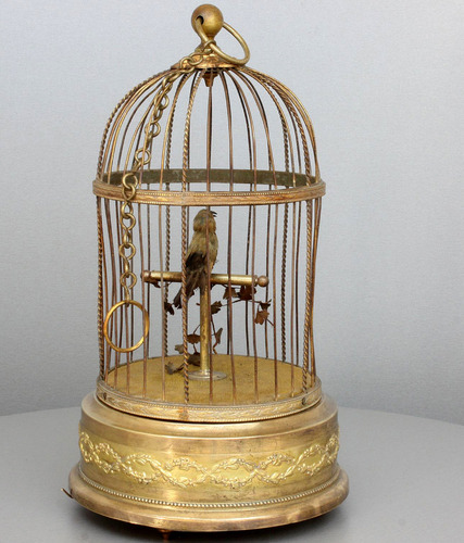 Antique small single singing bird-in-cage, by Bontems