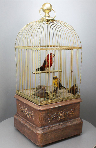 Antique double singing birds-in-cage with hungry chicks in nest, by Bontems