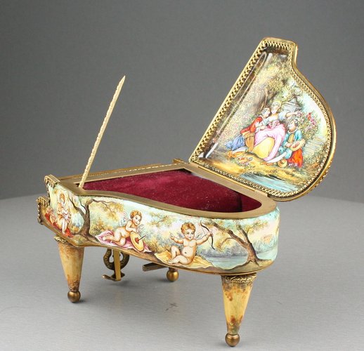 Antique gilt metal and pictorial enamel grand piano-form Musical Box