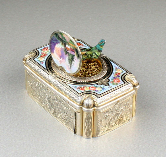 Antique silver-gilt and enamel singing bird box, by Charles Bruguier