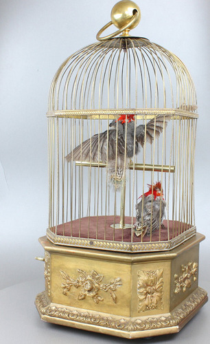 Antique double singing cockatiels-in-cage, by Bontems