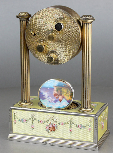 Vintage silver-gilt, guilloche yellow enamel and pictorial enamel timepiece alarm-actuated singing bird box, by C. H. Marguerat