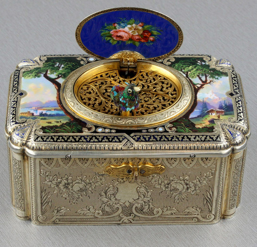 Antique tall-proportioned silver-gilt and full pictorial lidded singing bird box, by Charles Bruguier