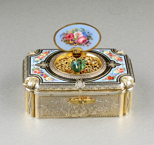 Antique silver-gilt and enamel singing bird box, by Charles Bruguier