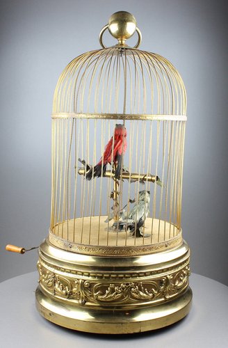 Large antique double singing birds-in-cage, by Bontems