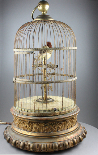 Large antique single singing bird-in-cage, by Phallibois