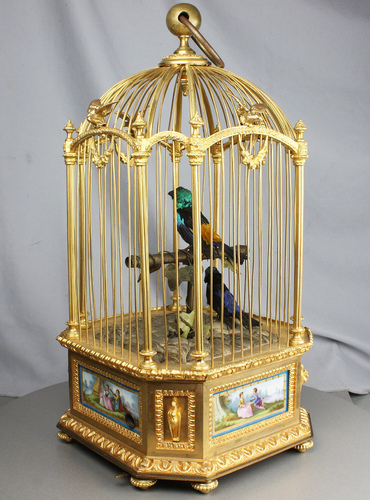 Museum-standard ormolu-bronze and Sevres-plaques double singing birds-in-cage, by Bontems