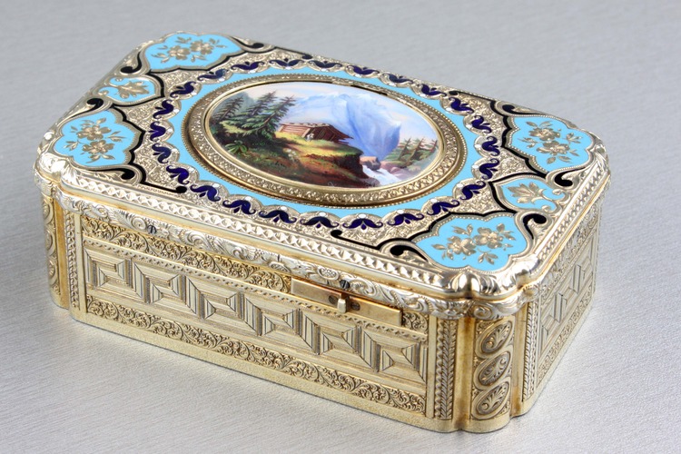 Antique tooled silver-gilt, enamel and pictorial enamel singing bird box, by Jacques Bruguier