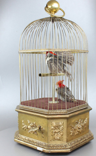 Antique double singing cockatiels-in-cage, by Bontems