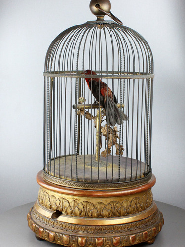 Antique large single singing bird-in-cage, by Jean Phalibois