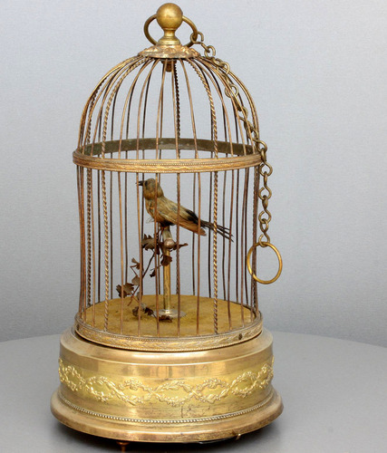 Antique small single singing bird-in-cage, by Bontems