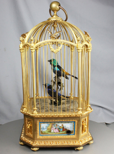 Museum-standard ormolu-bronze and Sevres-plaques double singing birds-in-cage, by Bontems