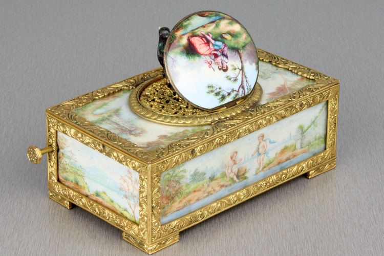 Gilt metal and painted ivory panel singing bird box, by C. H. Marguerat