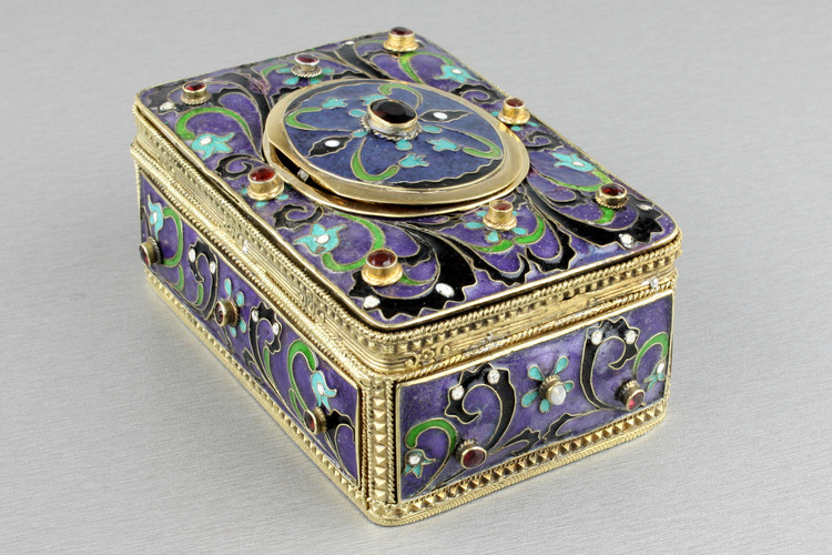 Vintage Art-Nouveau silver gilt, cloisonné enamel and garnet-set singing bird box