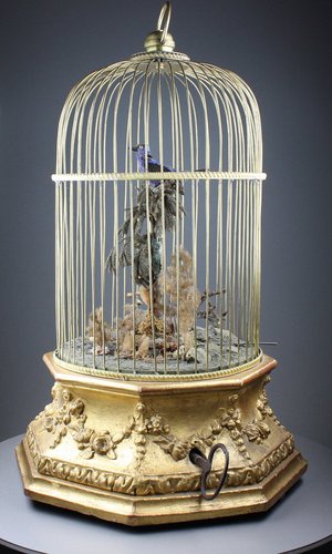 Antique Hexagonal-profile large single singing bird-in-cage, by Phallibois