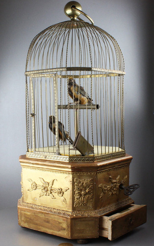 Antique coin-operated large double singing birds-in-cage, by Bontems