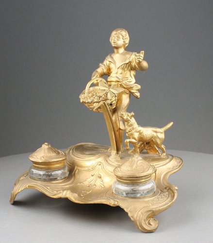 Gilt bronze antique musical automaton inkwell