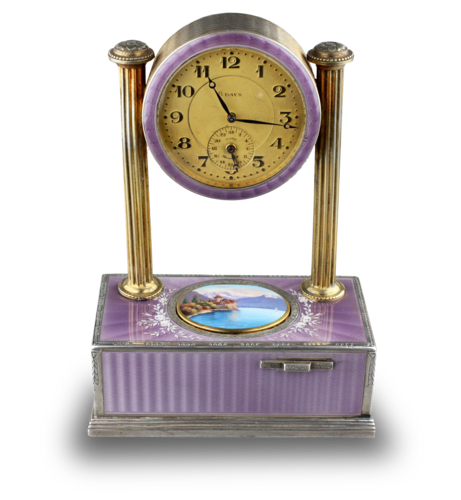 Vintage silver-gilt, guilloche lilac enamel and pictorial enamel timepiece alarm-actuated singing bird box, by C. H. Marguerat