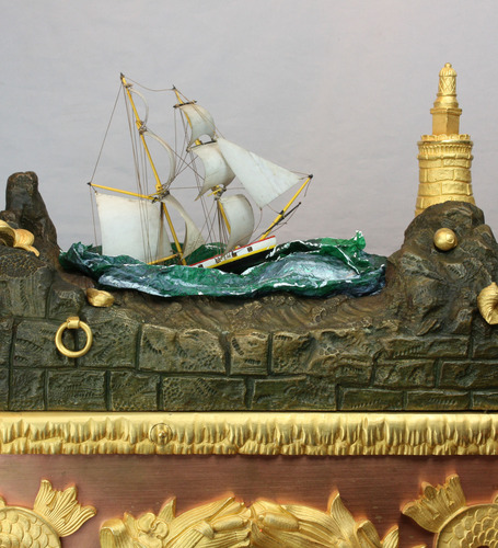 Monumental Antique bronze, ormolu and polished copper on bronze rocking ship automaton clock