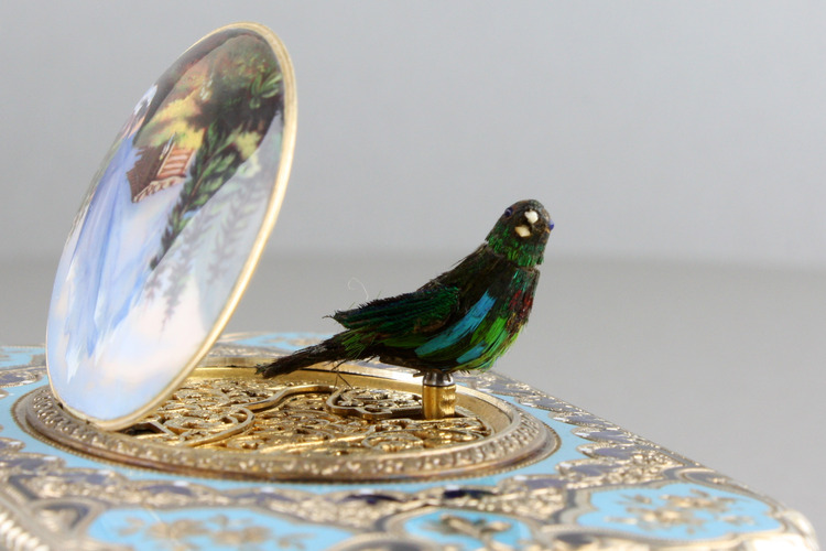 Antique tooled silver-gilt, enamel and pictorial enamel singing bird box, by Jacques Bruguier