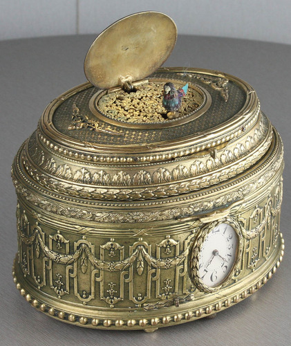 A sublime singing bird, musical box and timepiece pictorial enamel and gilt bronze box, by C. H. Marguerat