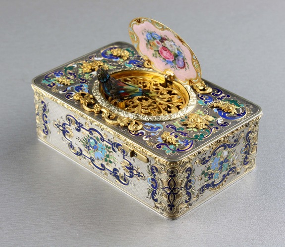 Silver-gilt, gold, enamel and pictorial enamel Fusee singing bird box, by Charles Bruguier