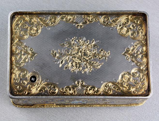 Silver-gilt, gold, enamel and pictorial enamel Fusee singing bird box, by Charles Bruguier