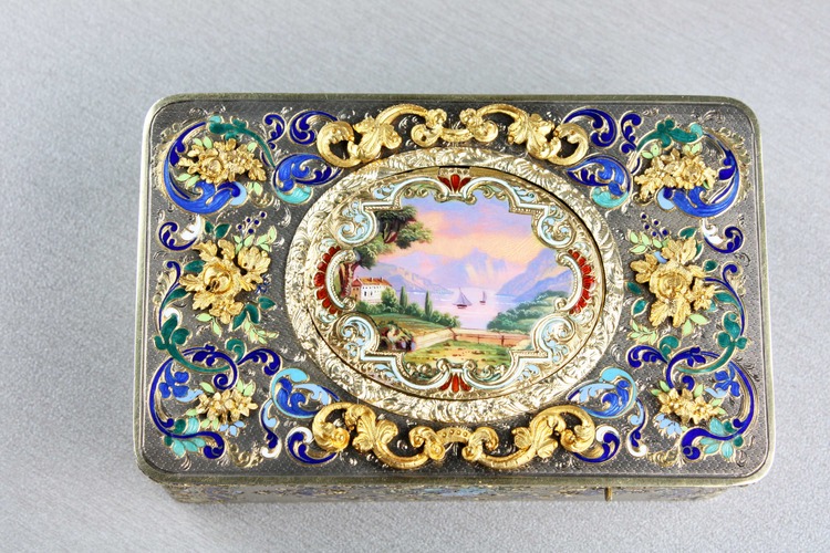 Silver-gilt, gold, enamel and pictorial enamel Fusee singing bird box, by Charles Bruguier