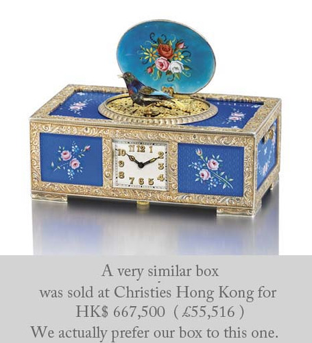 Sterling silver gilt, pictorial and enamel singing bird box with timepiece, movement by C. H. Marguerat