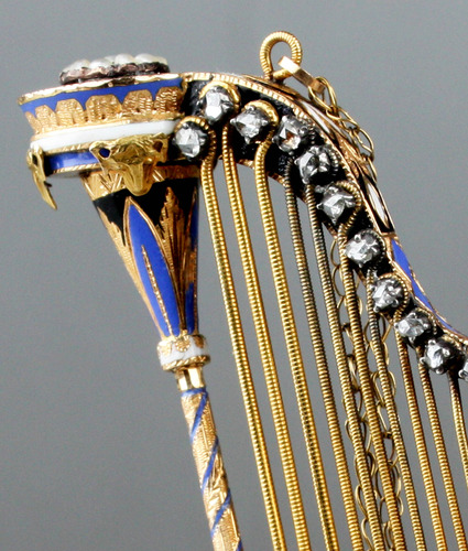 Gold, diamond, enamel and split seed pearl musical harp, by Bessiere & Schneider